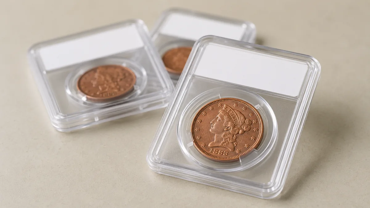 Coins in clear rectangular holders with blank label strips