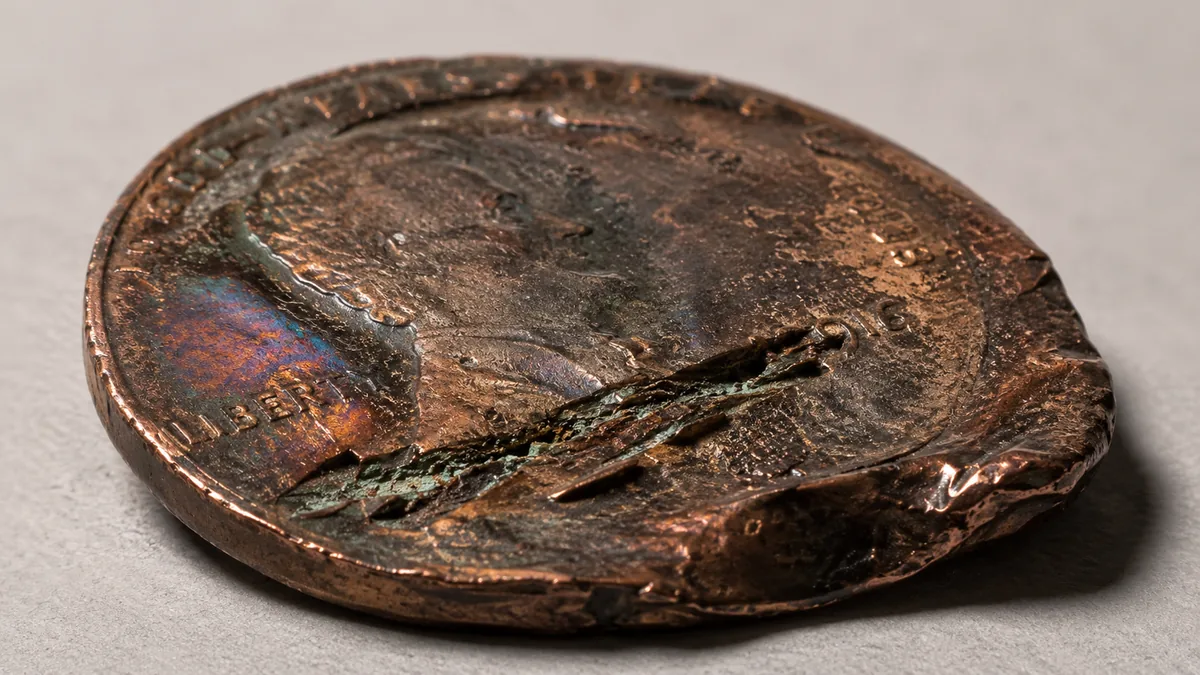 A warped and corroded coin with deep gouges across the field