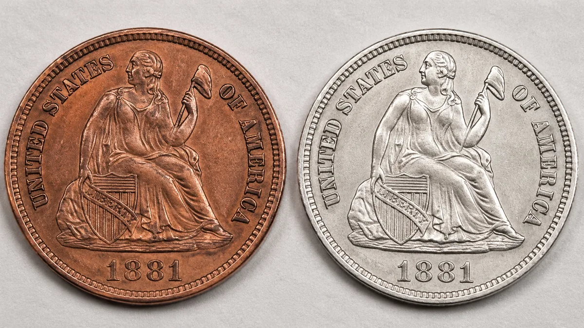 Two coins of the same design side by side, one copper and one white metal