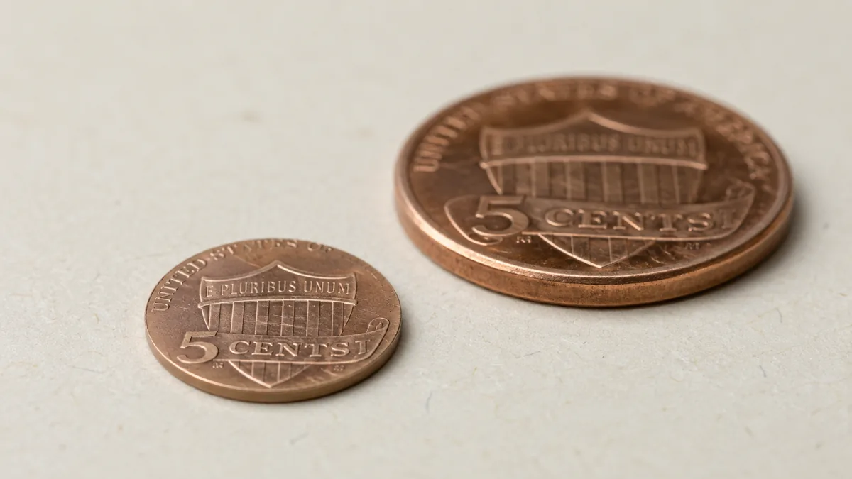 A five-cent design on an undersized round planchet beside a correctly sized coin
